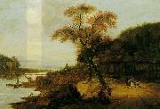 Jacob van der Does Landscape along a river with horsemen, possibly the Rhine. oil on canvas